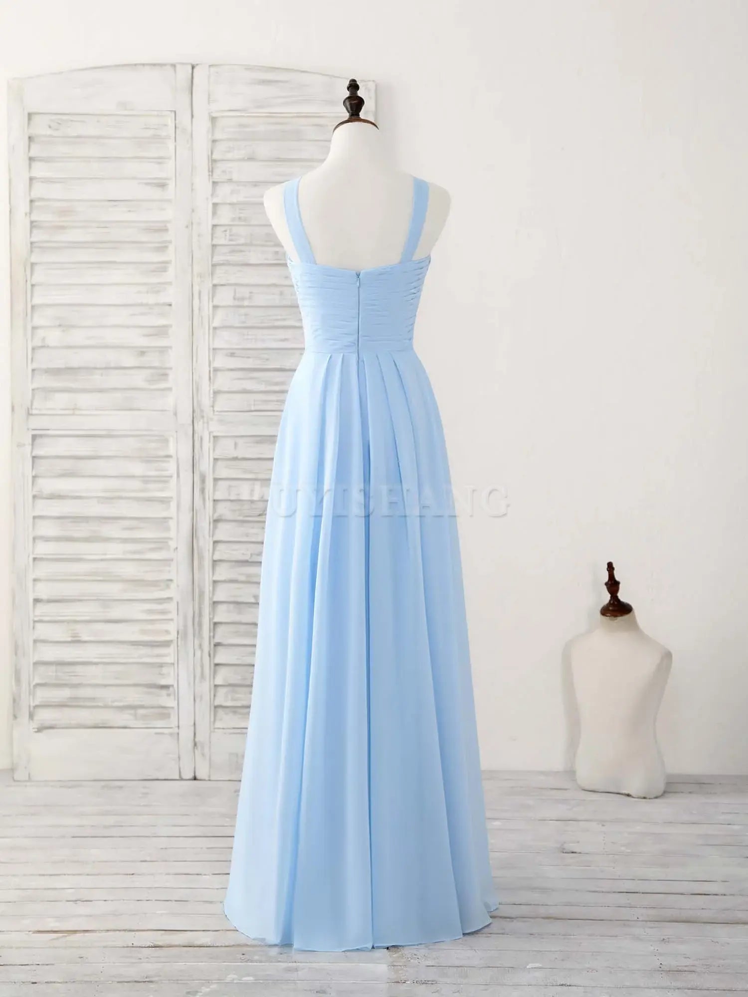 Buyishang Simple V Neck Chiffon Blue Long Prom Dress Blue Bridesmaid Dress Bridesmaid dress shop