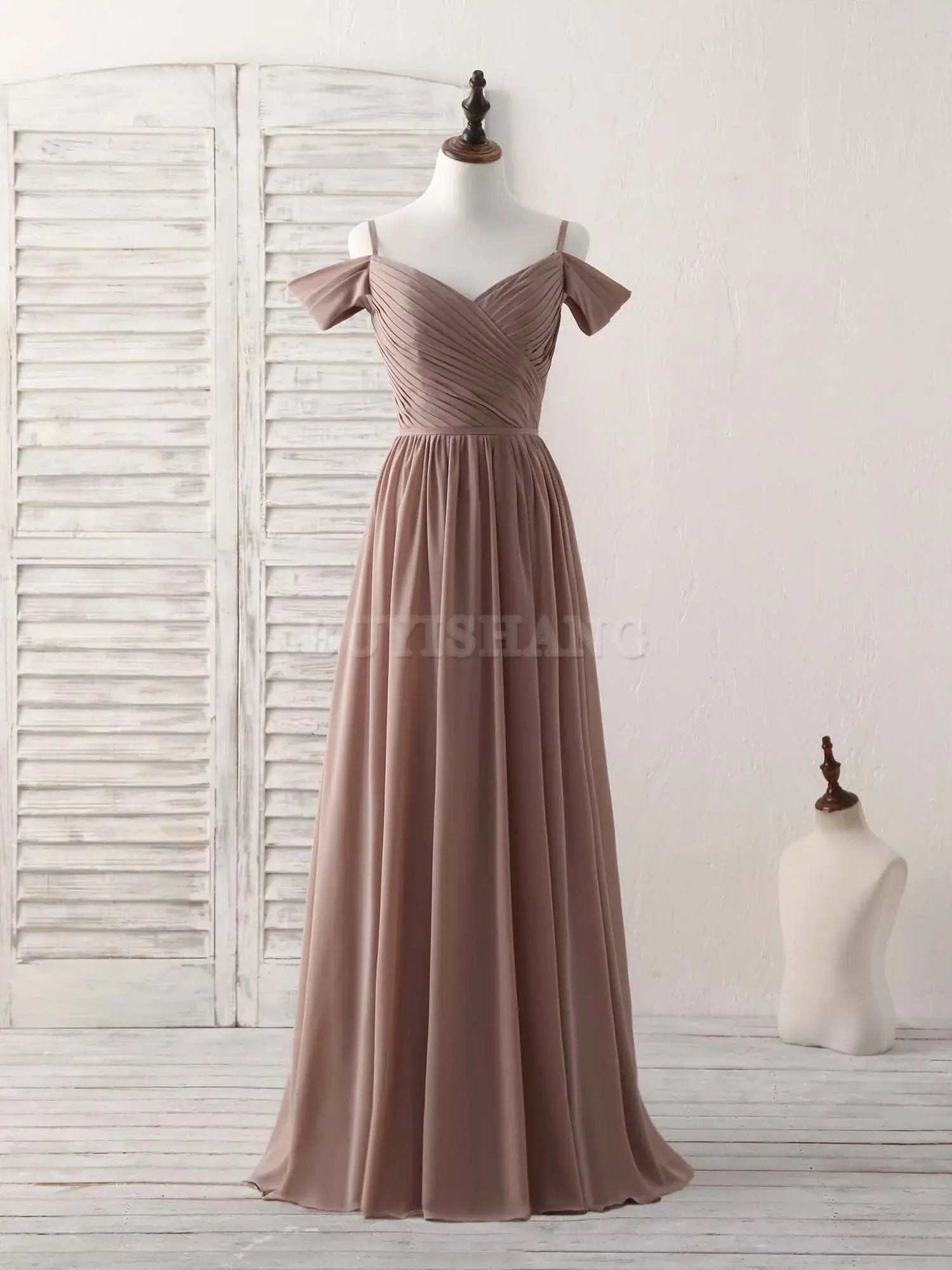 Buyishang Simple V Neck Dark Champagne Chiffon Long Prom Dress Bridesmaid Dress Bridesmaid dress shop