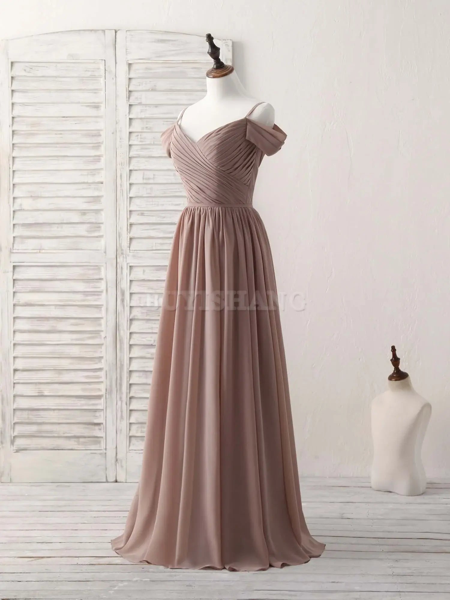 Buyishang Simple V Neck Dark Champagne Chiffon Long Prom Dress Bridesmaid Dress Bridesmaid dress shop