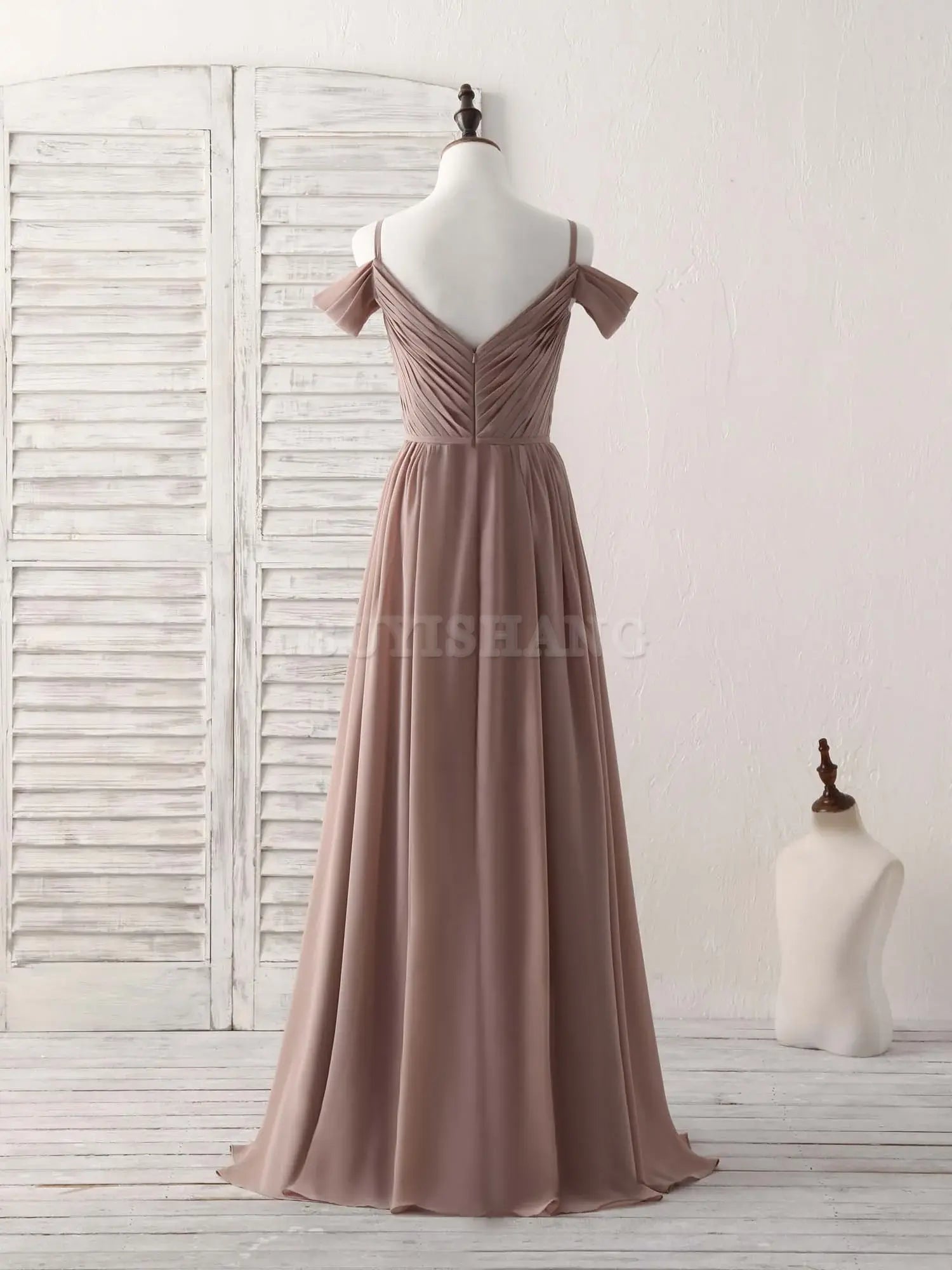 Buyishang Simple V Neck Dark Champagne Chiffon Long Prom Dress Bridesmaid Dress Bridesmaid dress shop