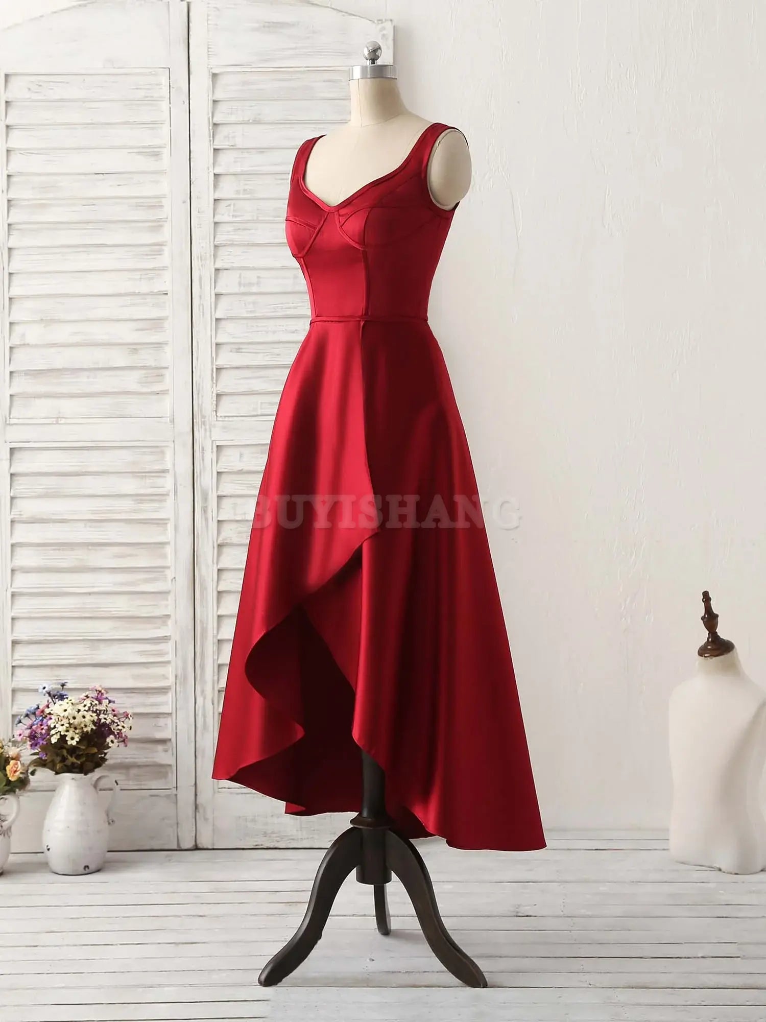 Buyishang Simple V Neck High Low Prom Dress Burgundy Evening Dress Bridesmaid dress shop