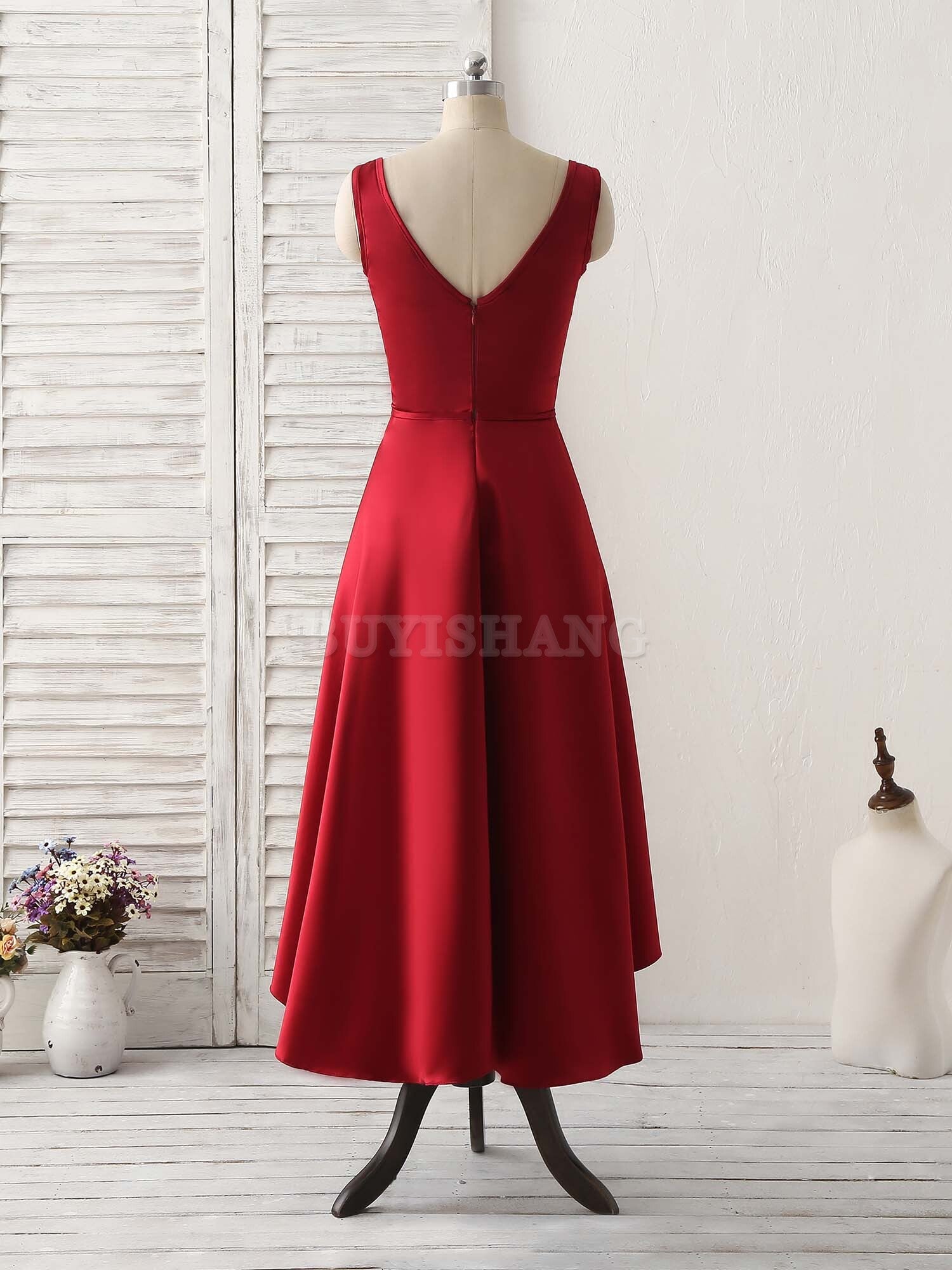 Buyishang Simple V Neck High Low Prom Dress Burgundy Evening Dress Bridesmaid dress shop