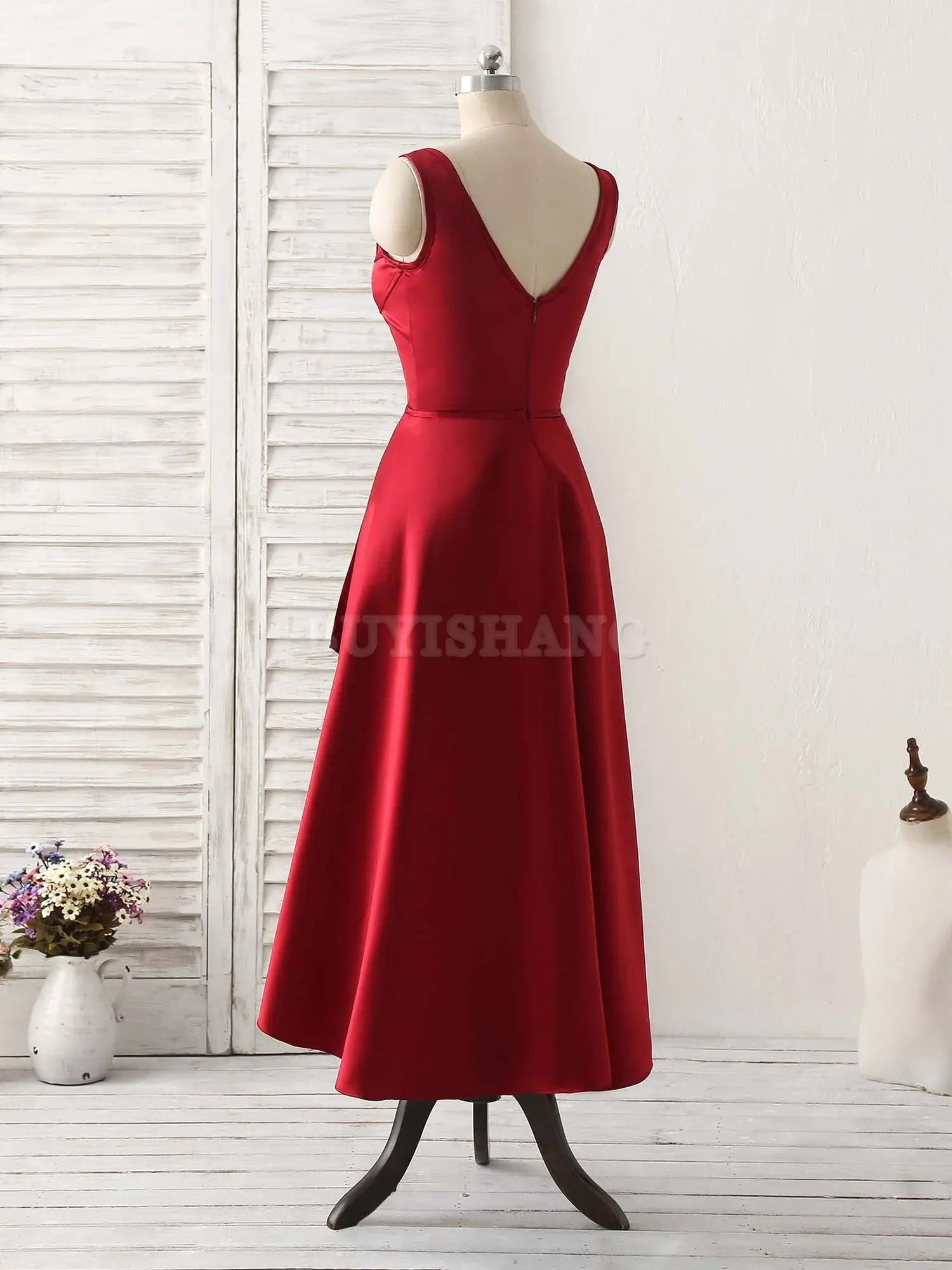 Buyishang Simple V Neck High Low Prom Dress Burgundy Evening Dress Bridesmaid dress shop