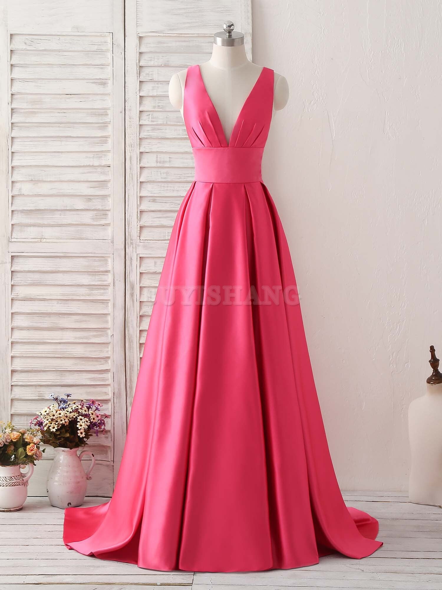 Buyishang Simple V Neck Long Prom Dress Backless Evening Dress Bridesmaid dress shop
