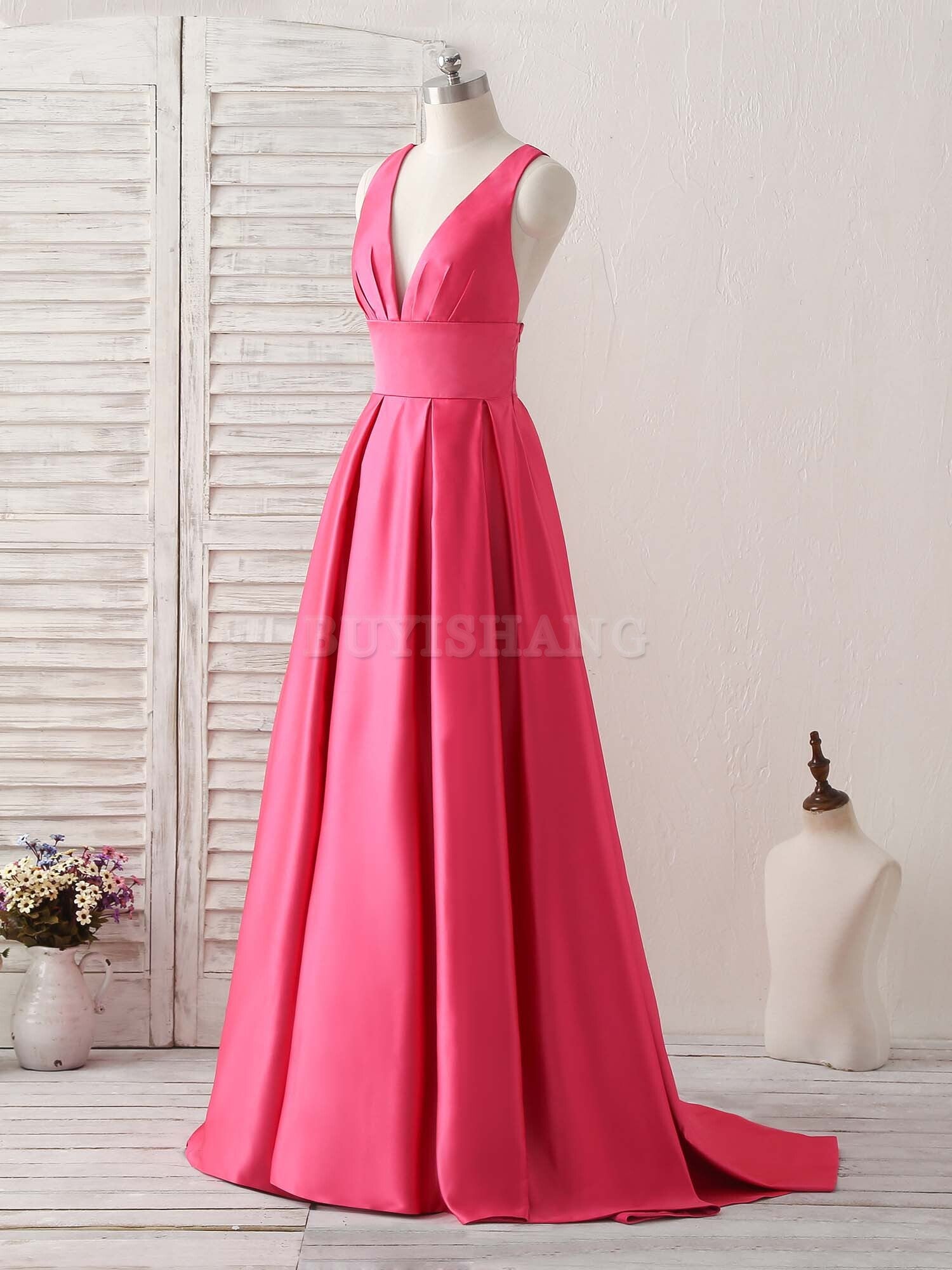Buyishang Simple V Neck Long Prom Dress Backless Evening Dress Bridesmaid dress shop