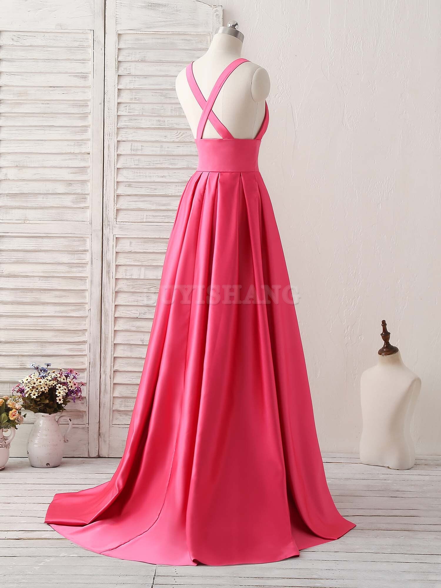 Buyishang Simple V Neck Long Prom Dress Backless Evening Dress Bridesmaid dress shop