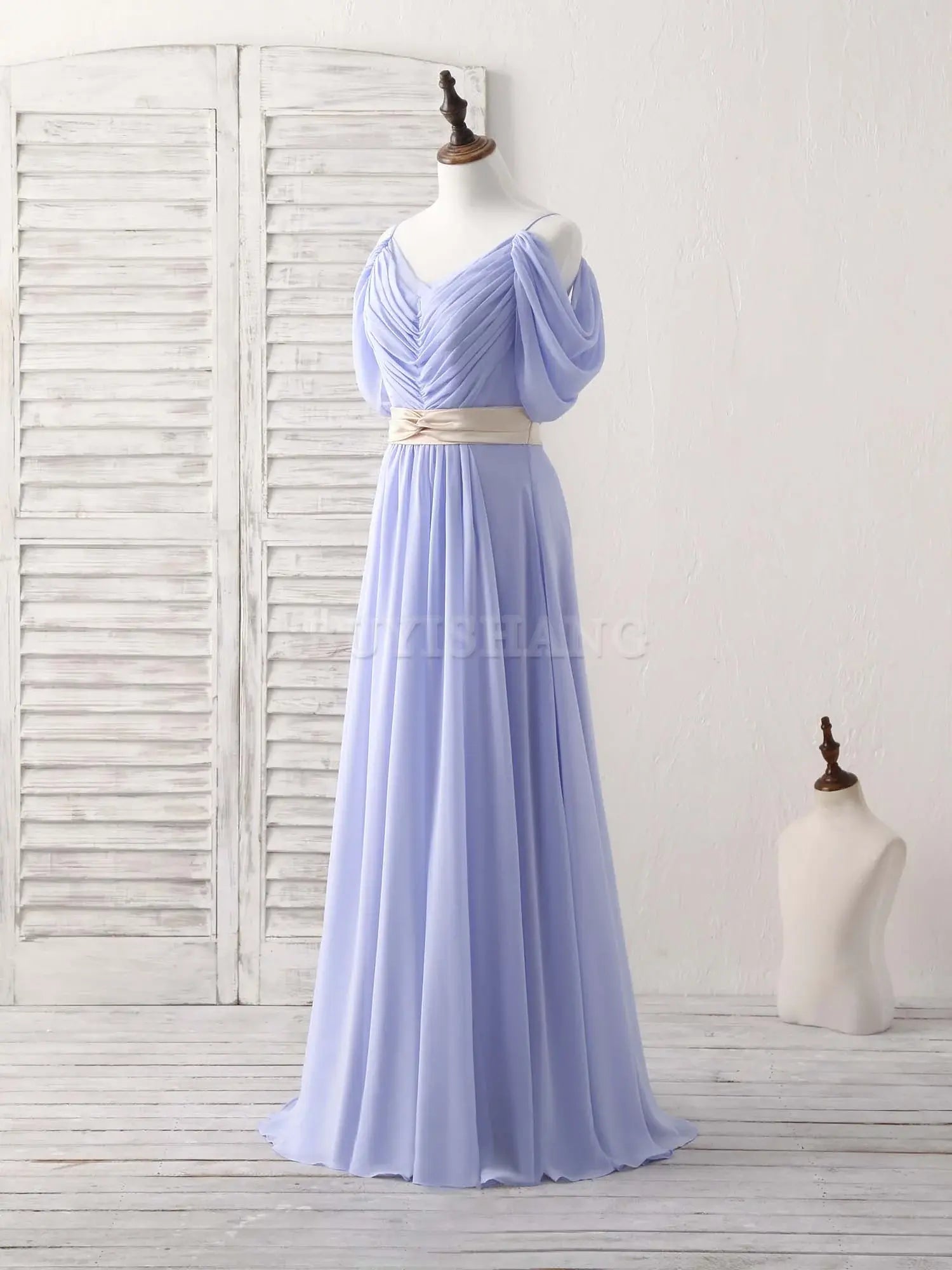 Buyishang Simple V Neck Off Shoulder Chiffon Long Prom Dress Evening Dress Bridesmaid dress shop