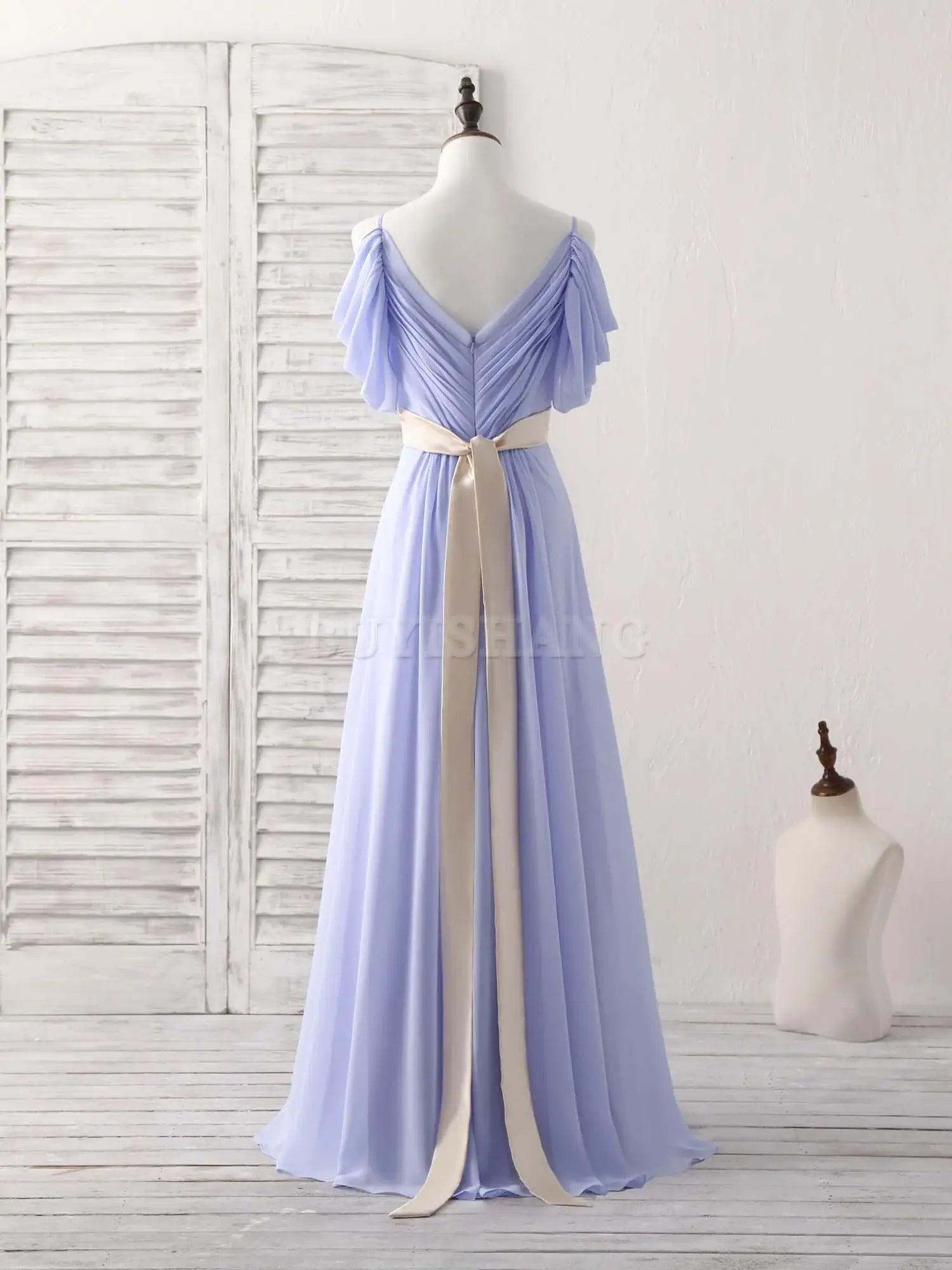 Buyishang Simple V Neck Off Shoulder Chiffon Long Prom Dress Evening Dress Bridesmaid dress shop