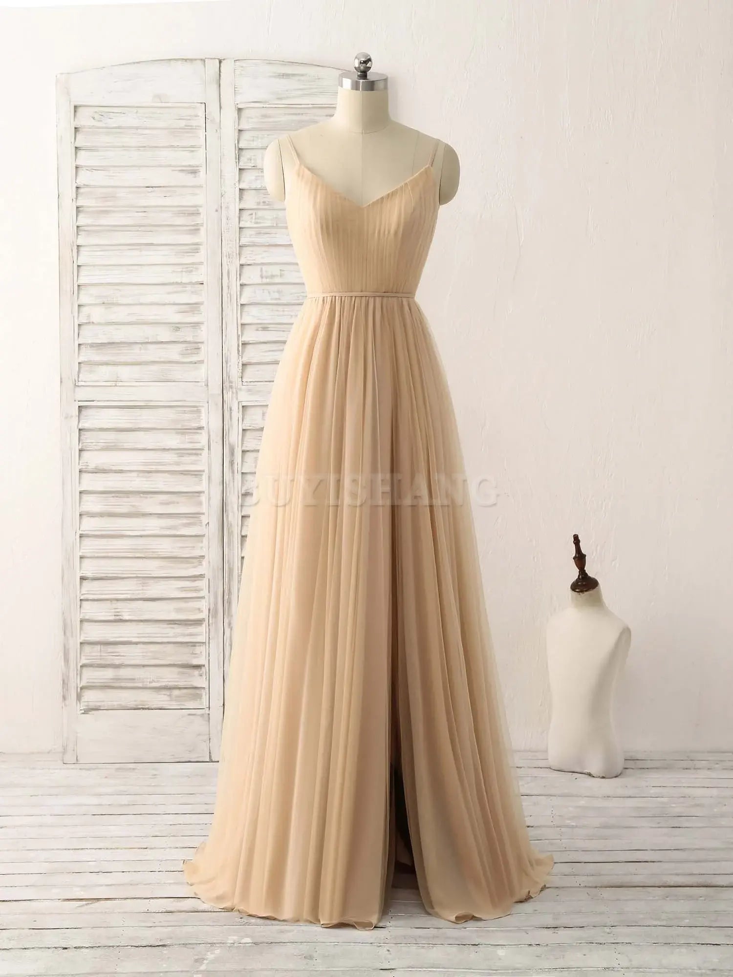 Buyishang Simple V Neck Tulle Chiffon Long Prom Dress Champagne Bridesmaid Dress Bridesmaid dress shop