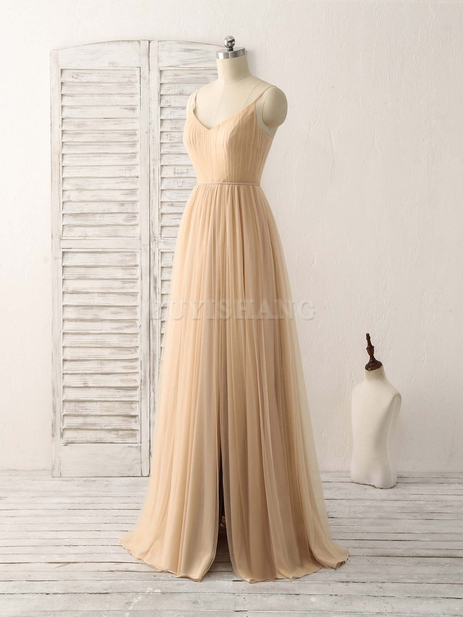Buyishang Simple V Neck Tulle Chiffon Long Prom Dress Champagne Bridesmaid Dress Bridesmaid dress shop