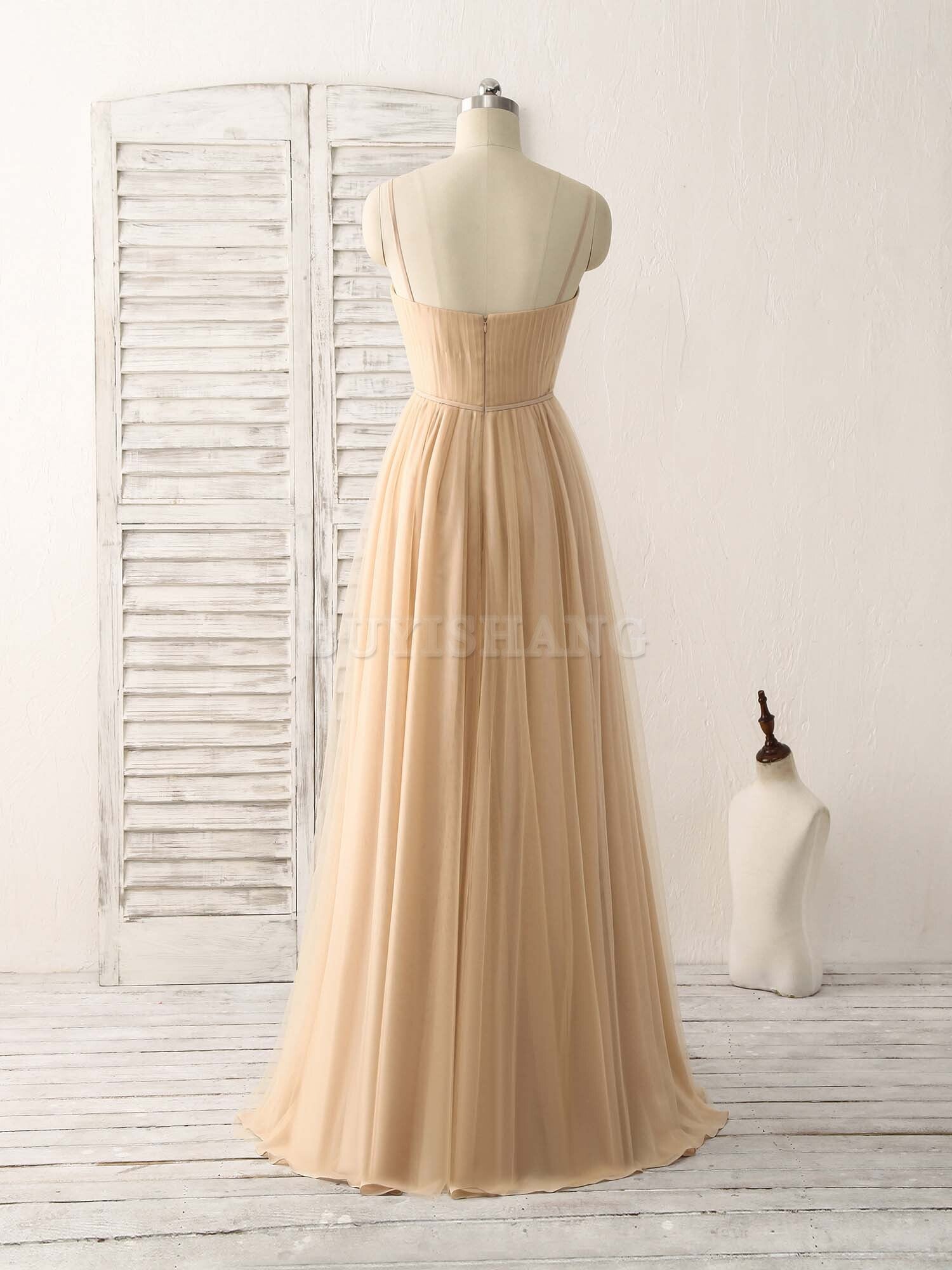 Buyishang Simple V Neck Tulle Chiffon Long Prom Dress Champagne Bridesmaid Dress Bridesmaid dress shop