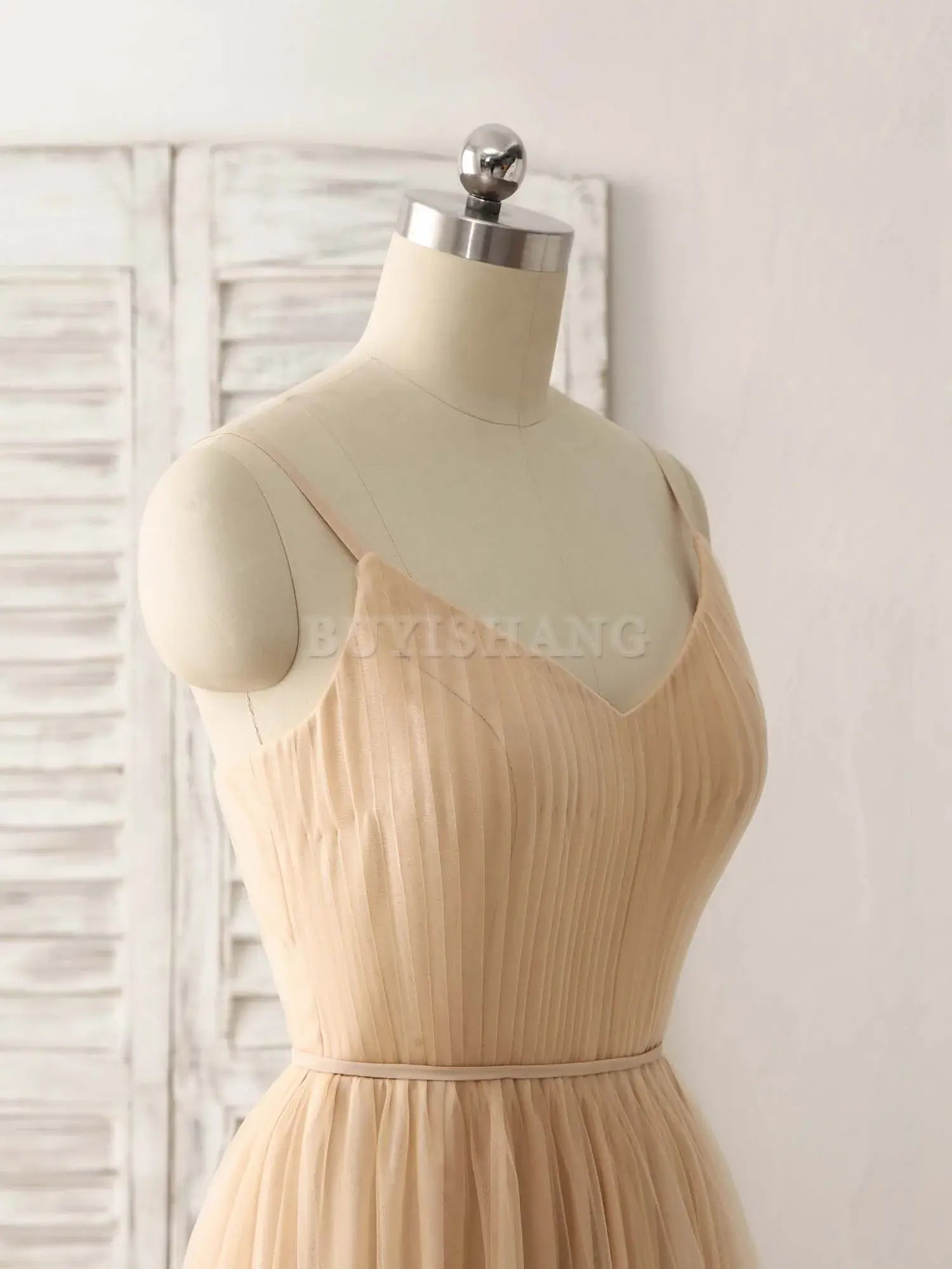 Buyishang Simple V Neck Tulle Chiffon Long Prom Dress Champagne Bridesmaid Dress Bridesmaid dress shop