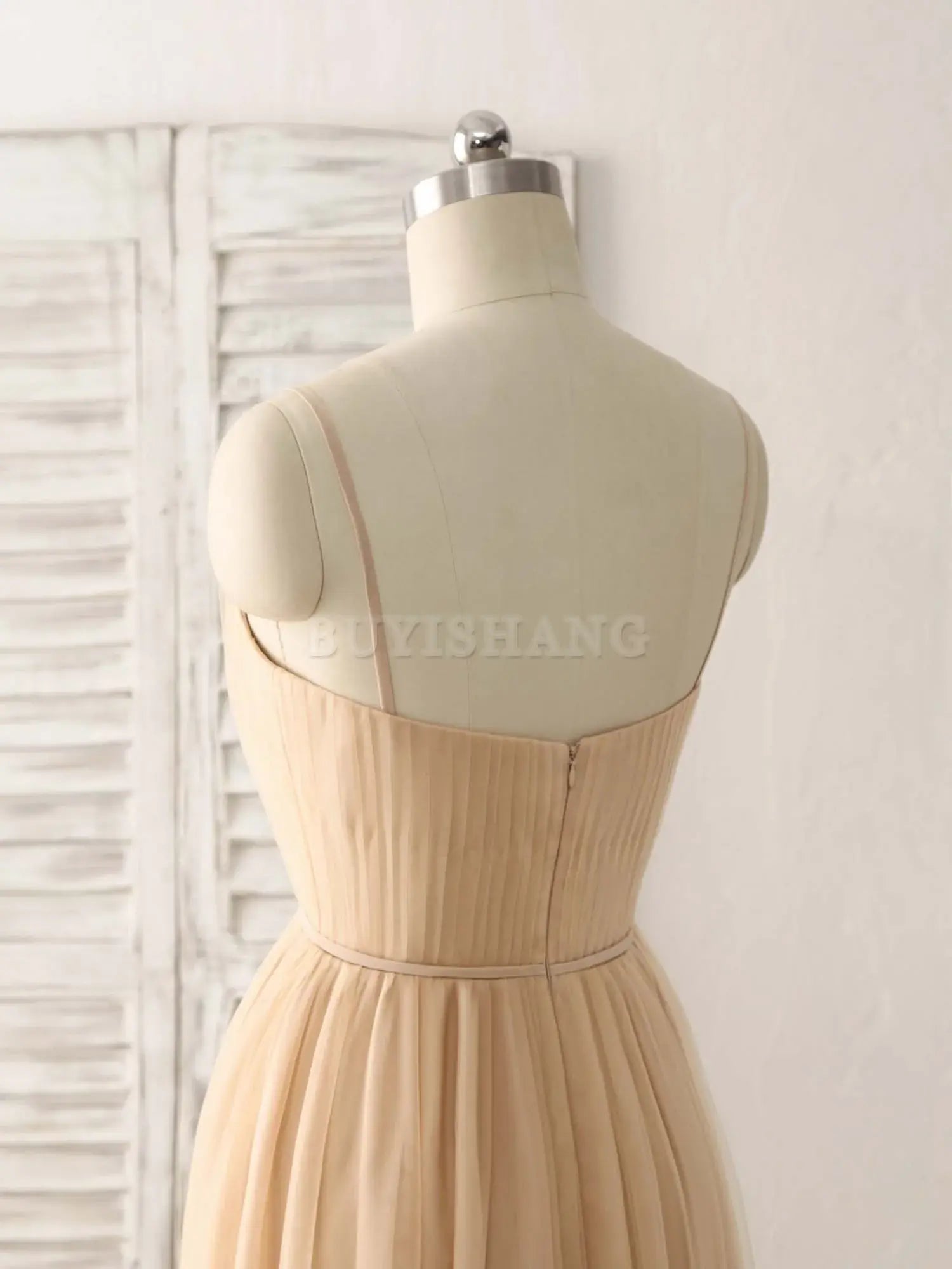 Buyishang Simple V Neck Tulle Chiffon Long Prom Dress Champagne Bridesmaid Dress Bridesmaid dress shop