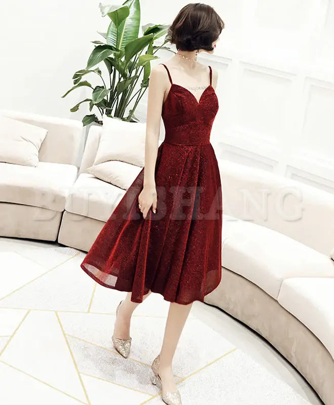 Buyishang Simple V Neck Tulle Sequin Short Prom Dress Burgundy Homecoming Dress prom dress in store