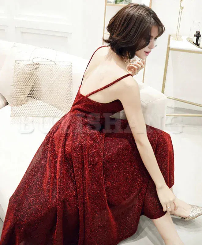 Buyishang Simple V Neck Tulle Sequin Short Prom Dress Burgundy Homecoming Dress prom dress in store