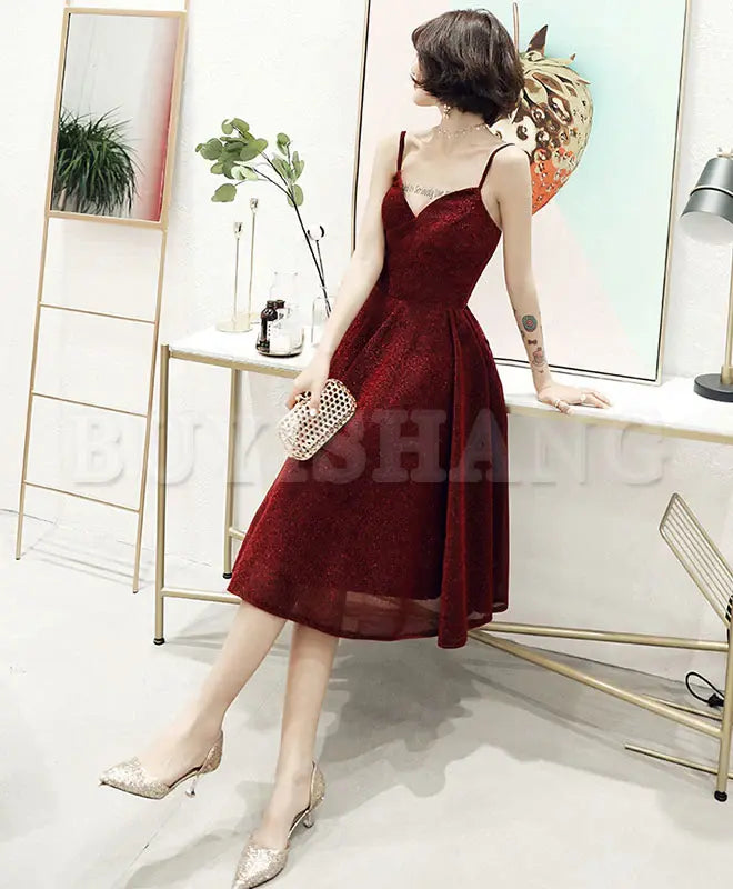 Buyishang Simple V Neck Tulle Sequin Short Prom Dress Burgundy Homecoming Dress prom dress in store