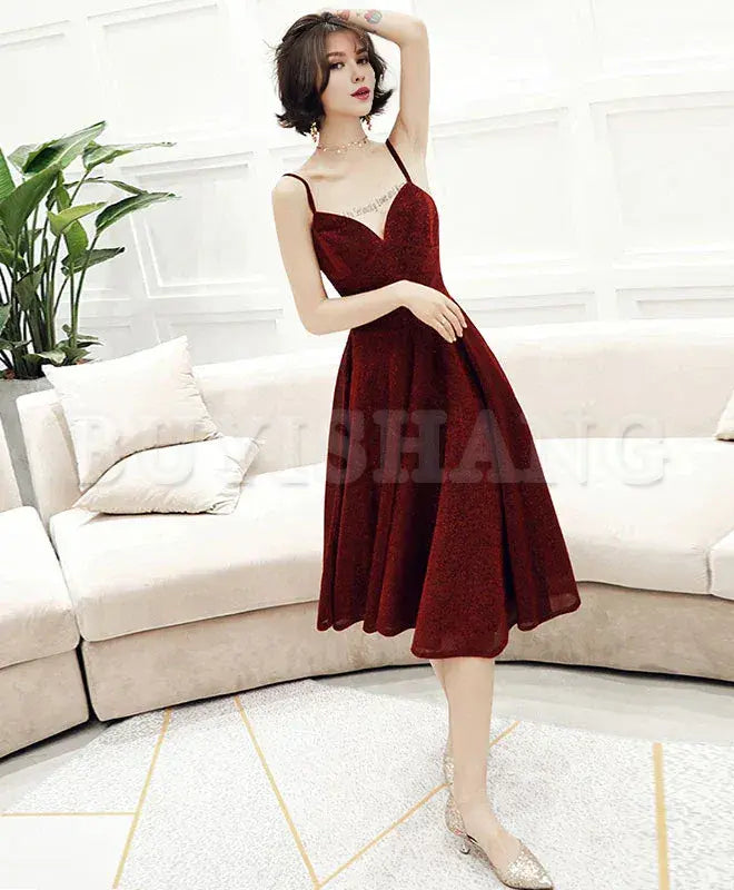 Buyishang Simple V Neck Tulle Sequin Short Prom Dress Burgundy Homecoming Dress prom dress in store