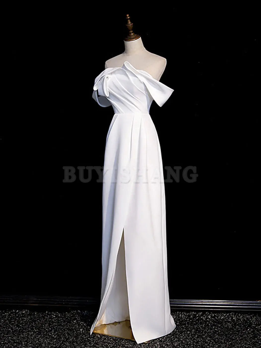 Buyishang Simple White Off Shoulder Satin Long Prom Dress White Long Formal Dress Bridesmaid dress shop