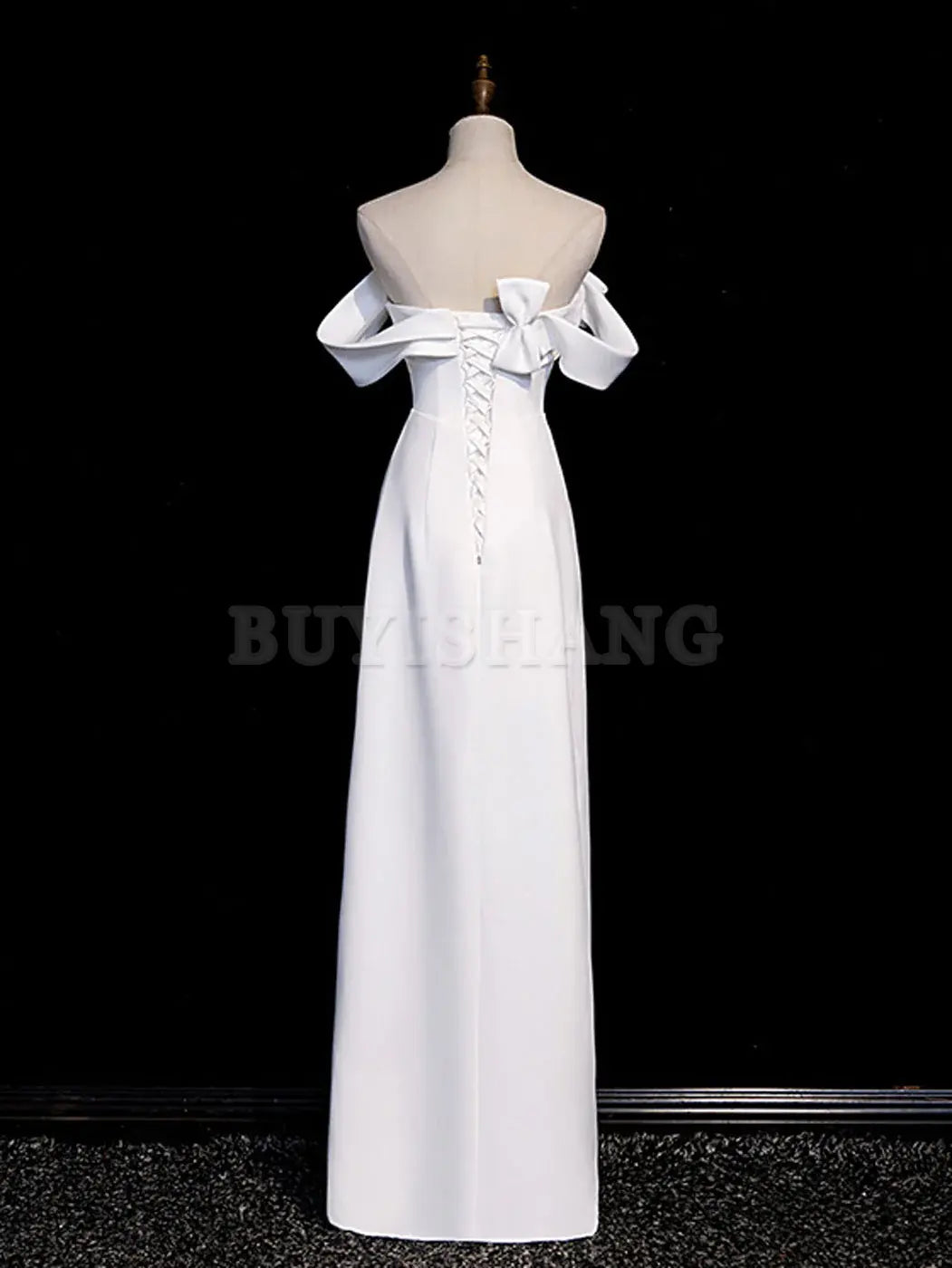 Buyishang Simple White Off Shoulder Satin Long Prom Dress White Long Formal Dress Bridesmaid dress shop