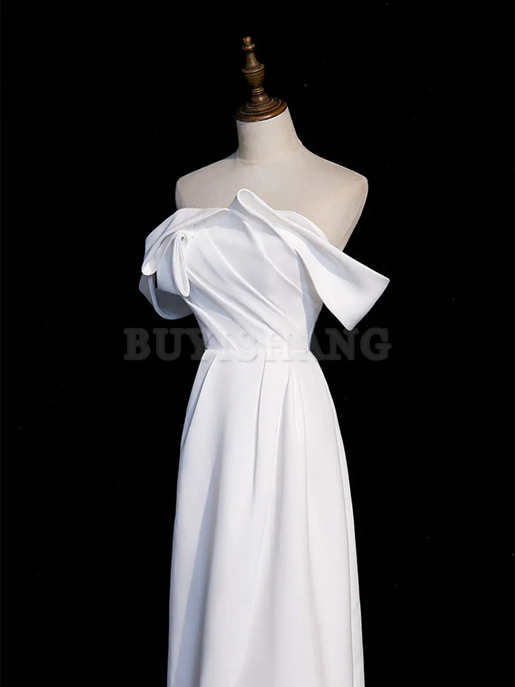 Buyishang Simple White Off Shoulder Satin Long Prom Dress White Long Formal Dress Bridesmaid dress shop