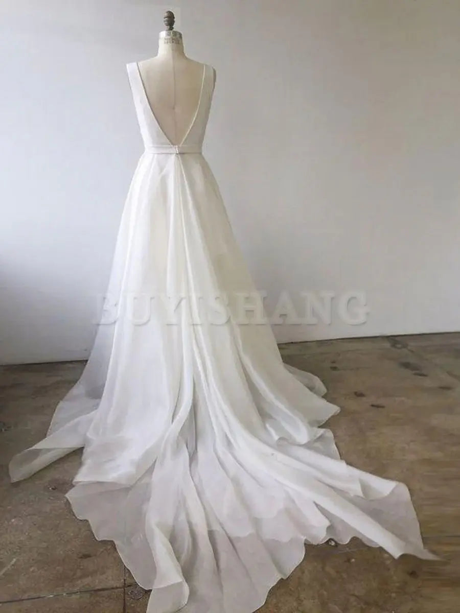 Buyishang Simple White V Neck Tulle Long Prom Dress White Evening Dress prom dress in store