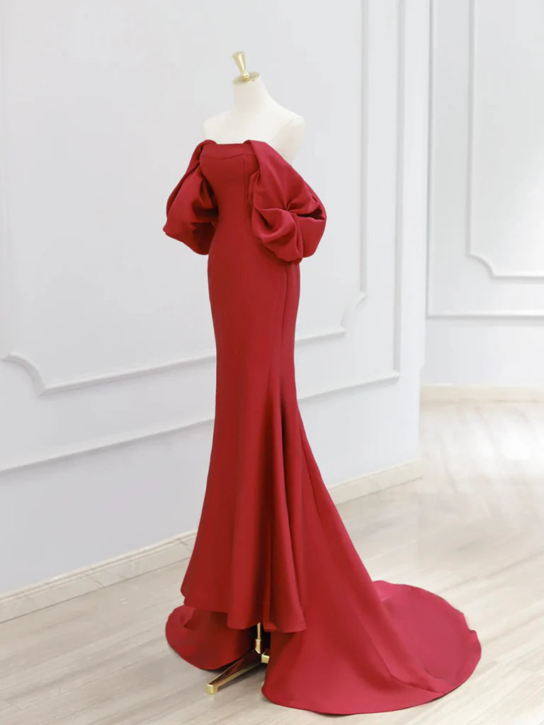 Buyishang Simple Off Shoulder Satin Red Mermaid Long Prom Dress Red Long Formal Dress