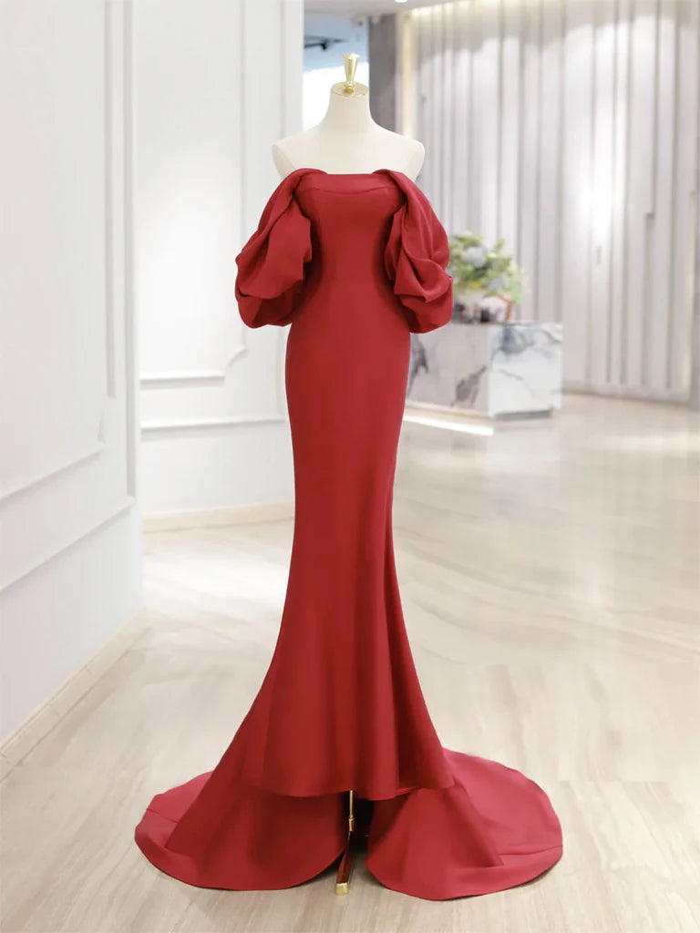 Buyishang Simple Off Shoulder Satin Red Mermaid Long Prom Dress Red Long Formal Dress