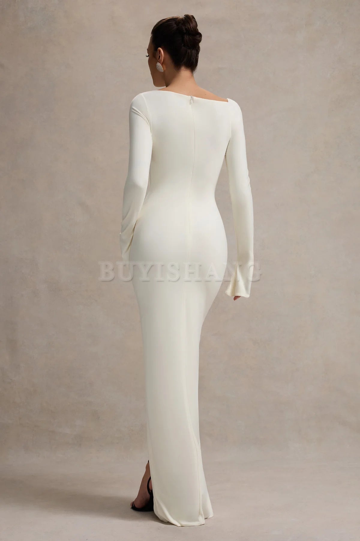 Buyishang Simple asymmetrical neckline long sleeved split open fit long skirt formal dress