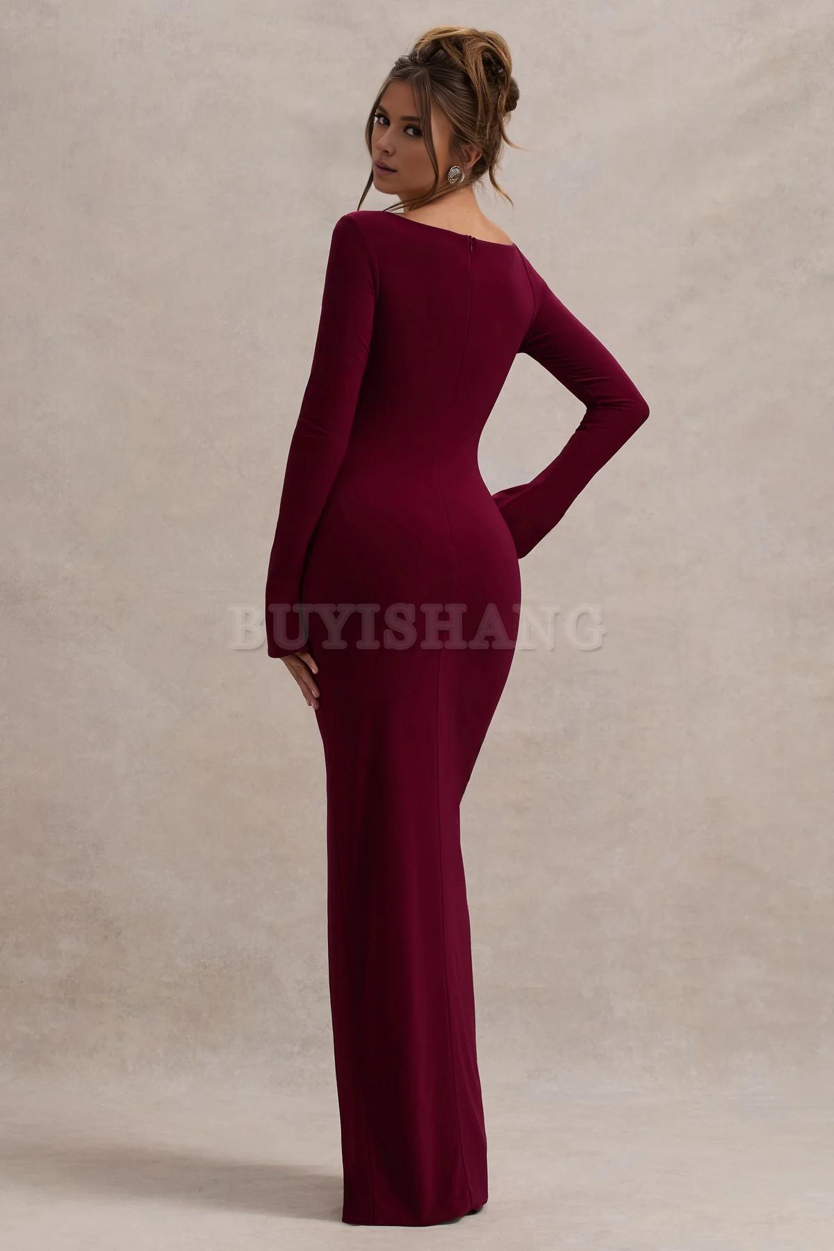 Buyishang Simple asymmetrical neckline long sleeved split open fit long skirt formal dress