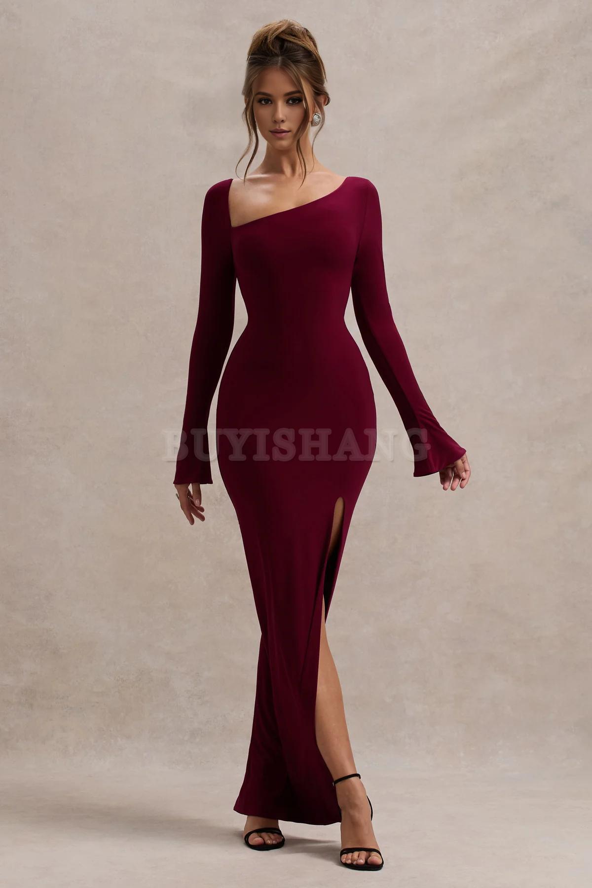 Buyishang Simple asymmetrical neckline long sleeved split open fit long skirt formal dress