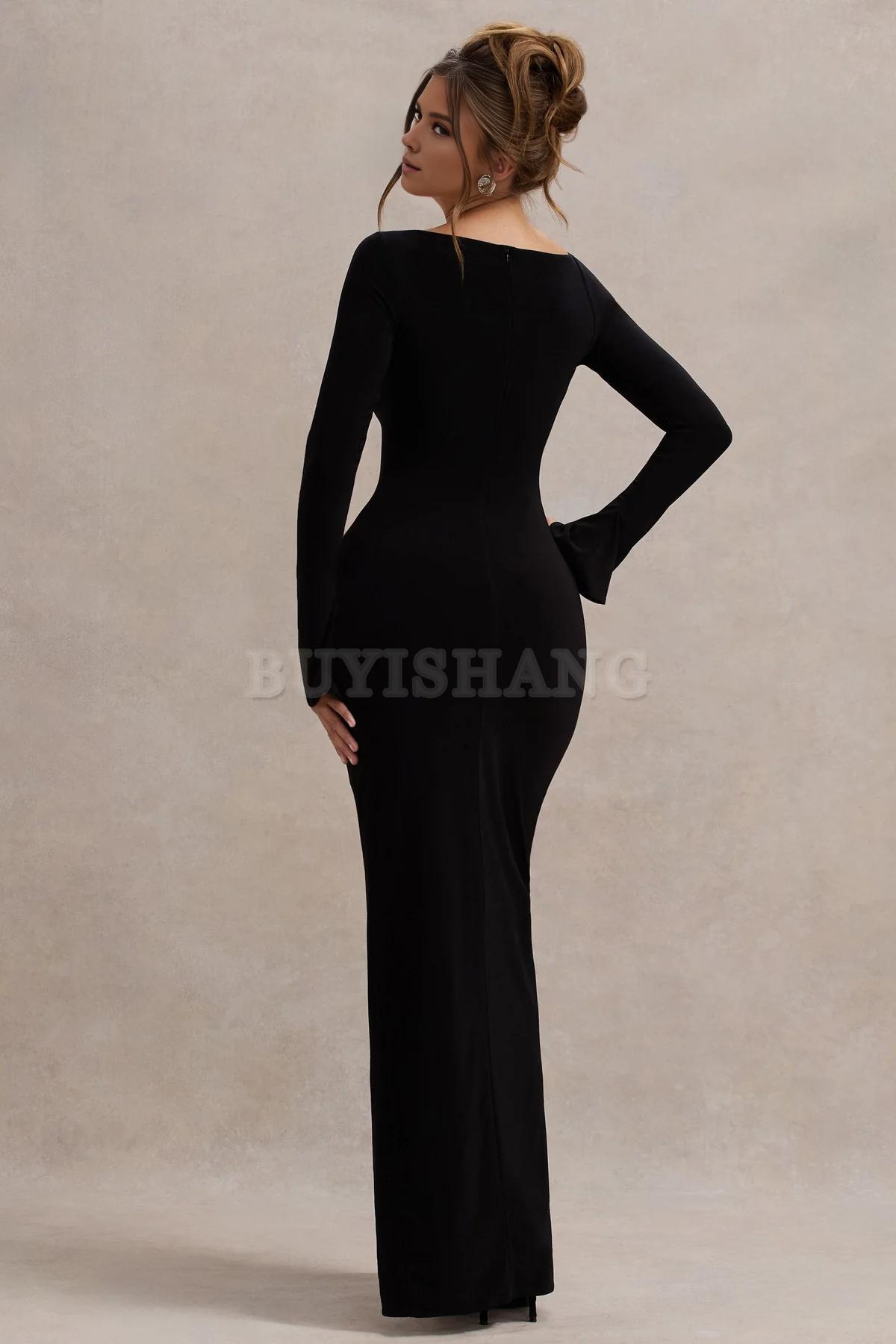 Buyishang Simple asymmetrical neckline long sleeved split open fit long skirt formal dress