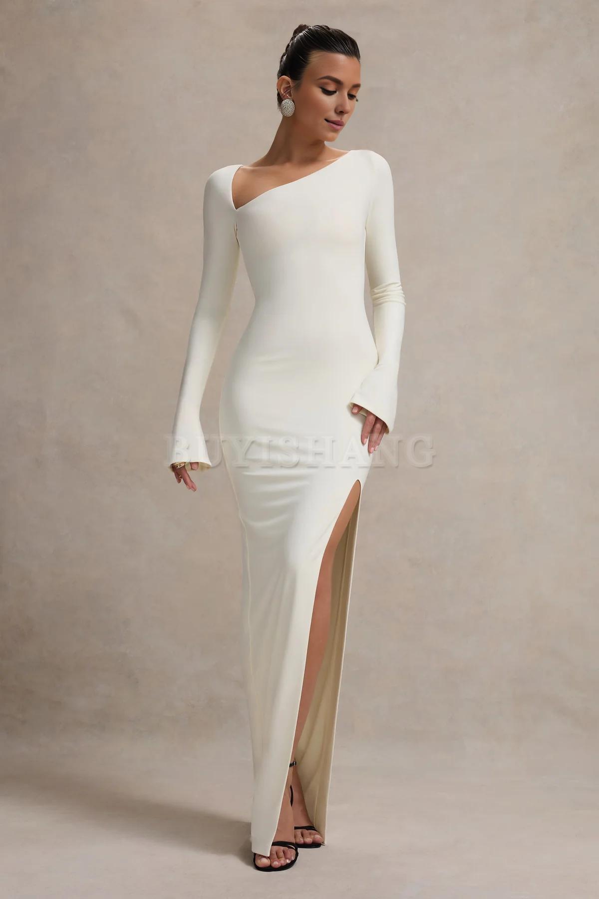Buyishang Simple asymmetrical neckline long sleeved split open fit long skirt formal dress