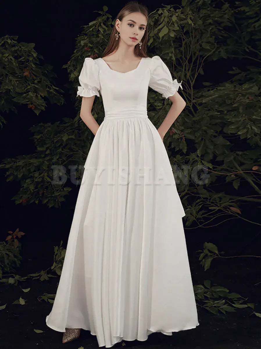 Buyishang Simple ivory Long Prom Dress White Bridesmaid Dresses prom dress in store