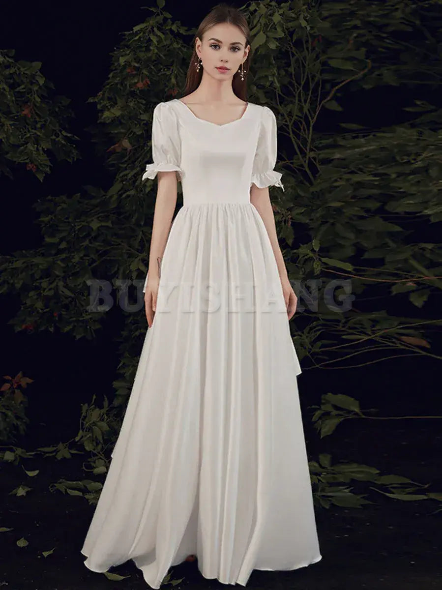 Buyishang Simple ivory Long Prom Dress White Bridesmaid Dresses prom dress in store