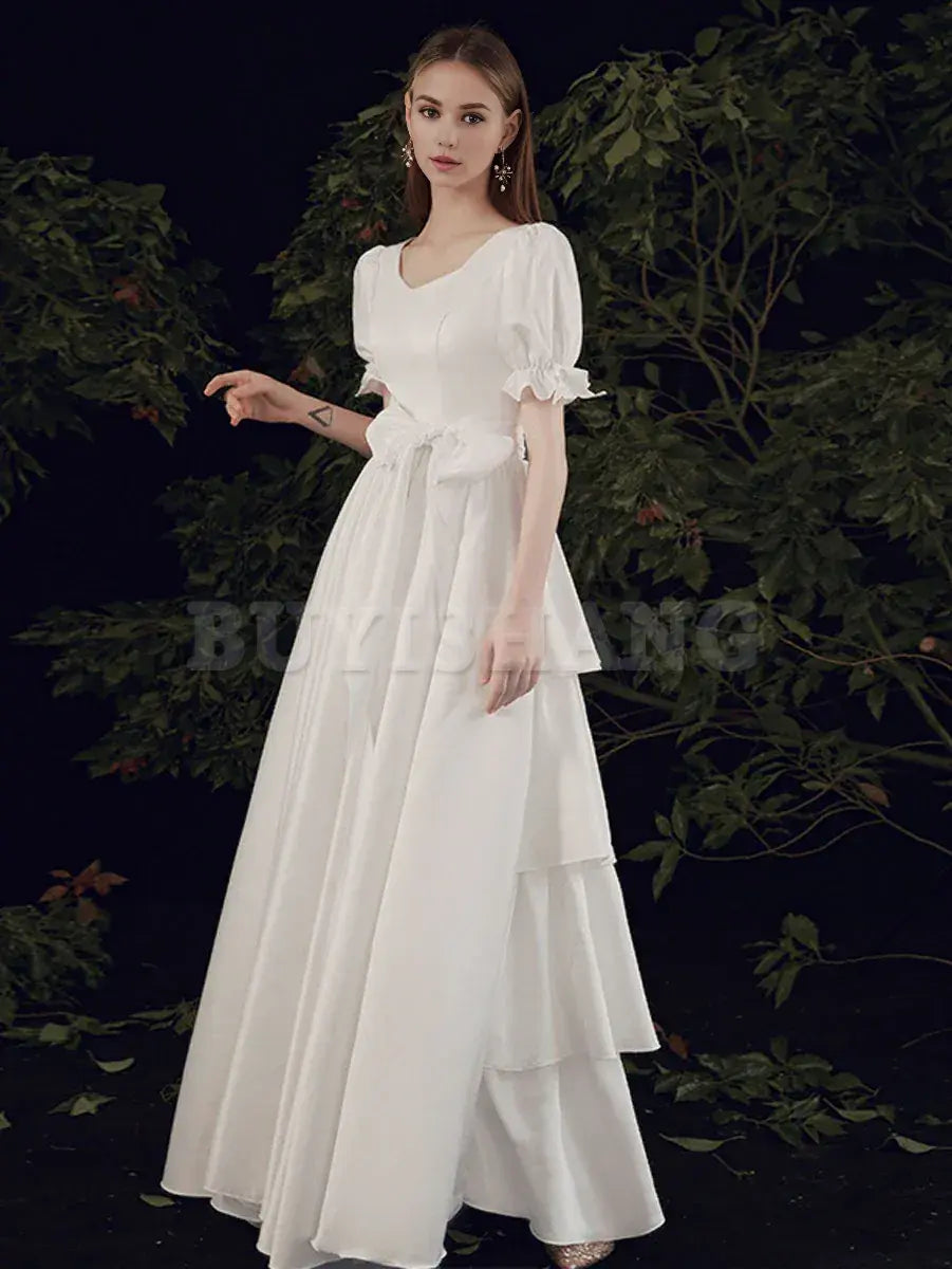 Buyishang Simple ivory Long Prom Dress White Bridesmaid Dresses prom dress in store