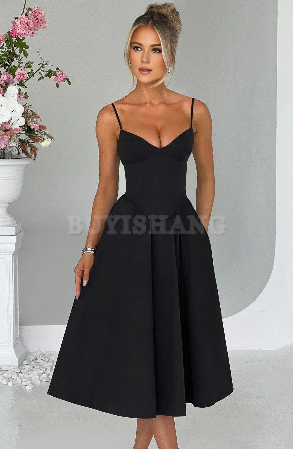 Buyishang Simple off shoulder ball dress Non stretch cotton blend fabric formal back to school dress evening dress