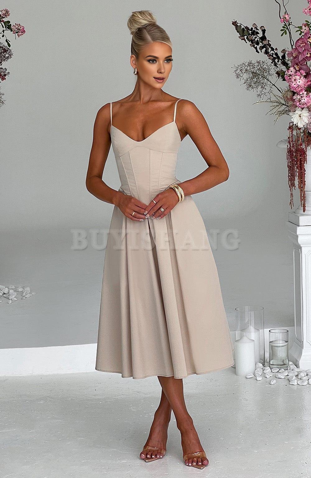Buyishang Simple off shoulder ball dress Non stretch cotton blend fabric formal back to school dress evening dress
