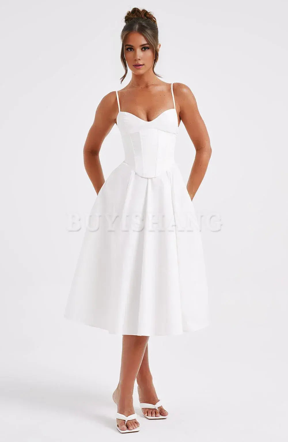 Buyishang Simple off shoulder ball dress Non stretch cotton blend fabric formal back to school dress evening dress