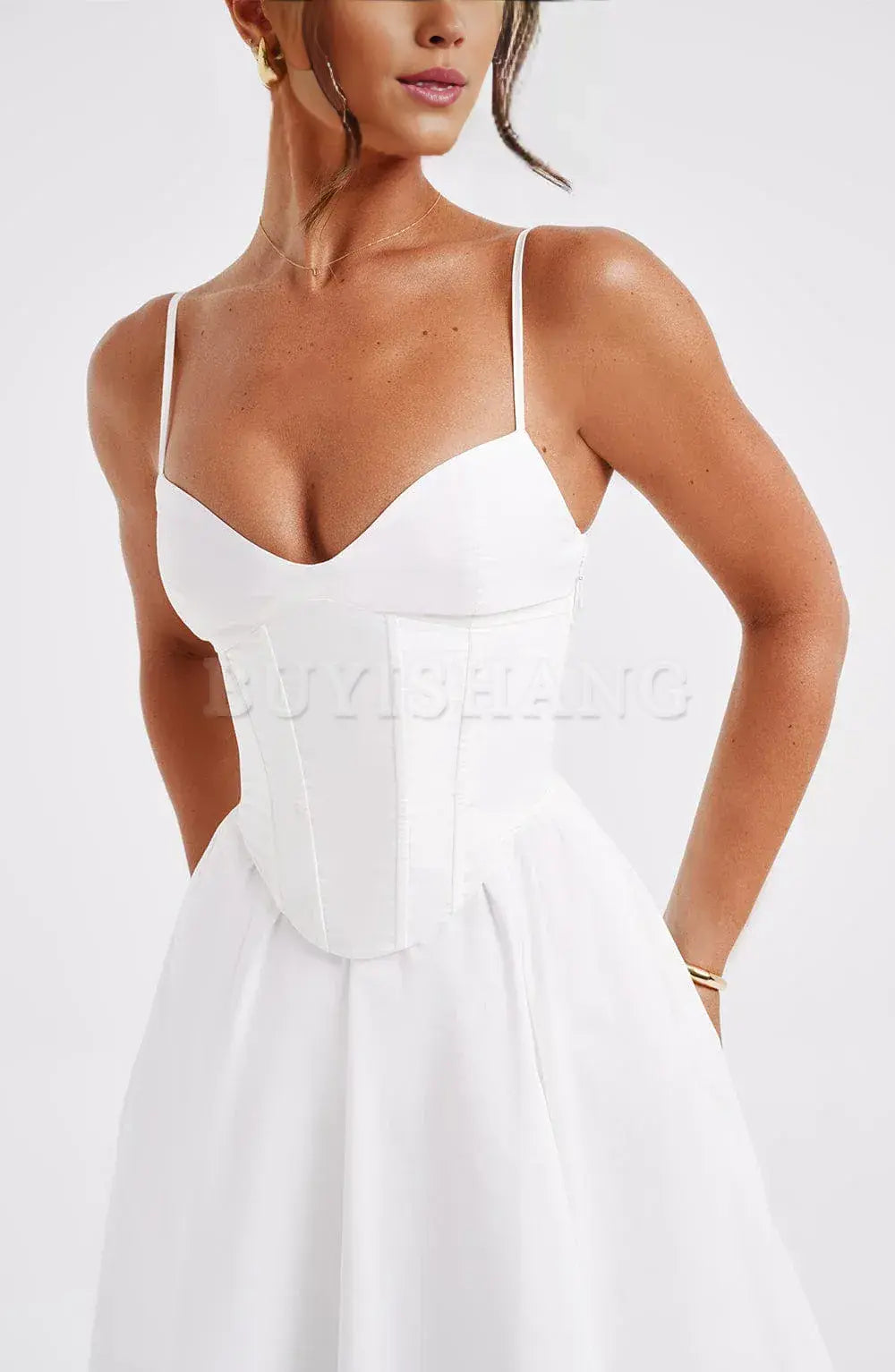 Buyishang Simple off shoulder ball dress Non stretch cotton blend fabric formal back to school dress evening dress