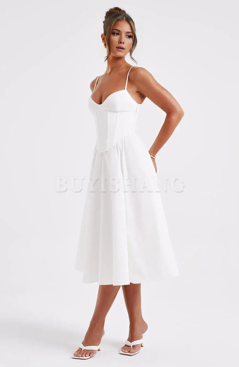 Buyishang Simple off shoulder ball dress Non stretch cotton blend fabric formal back to school dress evening dress