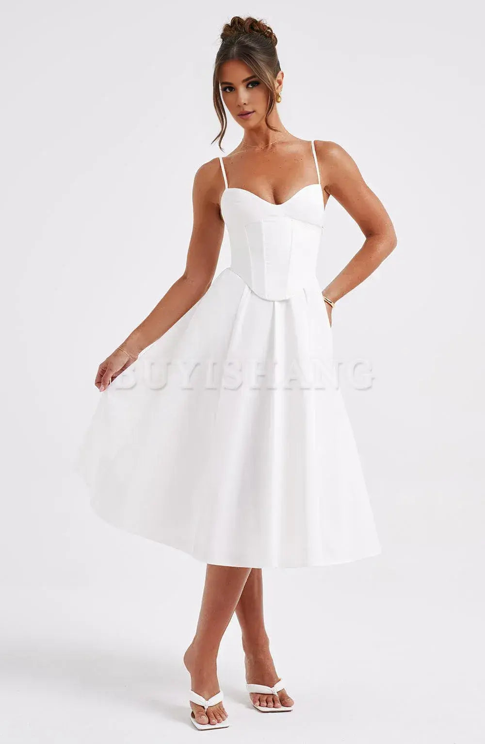 Buyishang Simple off shoulder ball dress Non stretch cotton blend fabric formal back to school dress evening dress