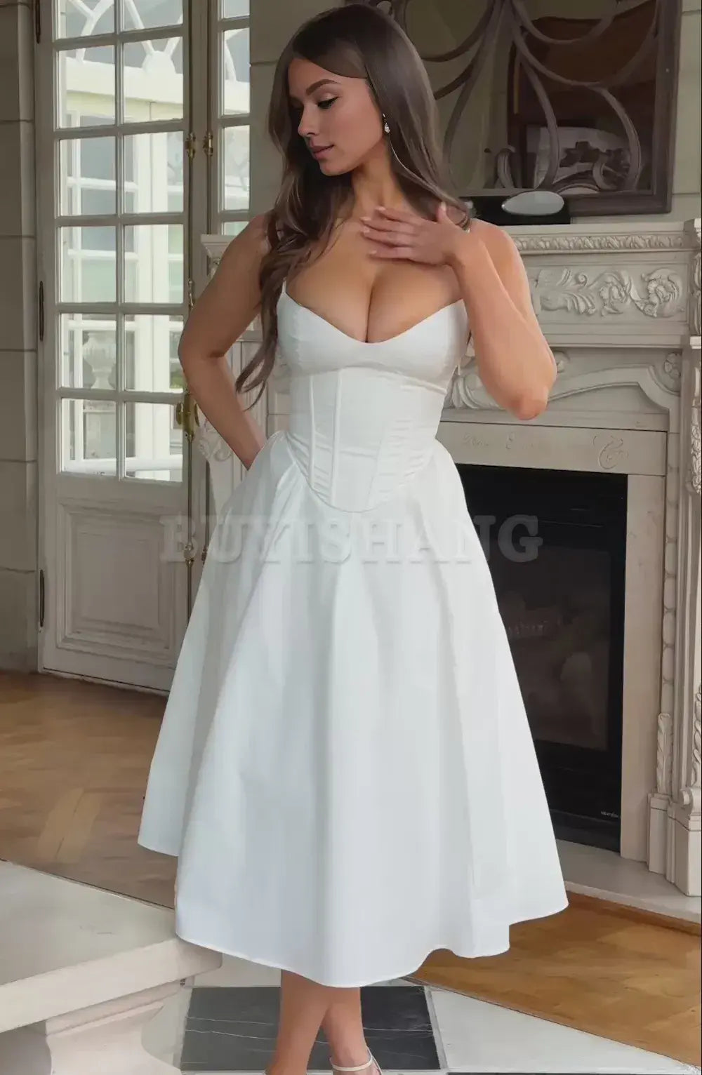 Buyishang Simple off shoulder ball dress Non stretch cotton blend fabric formal back to school dress evening dress