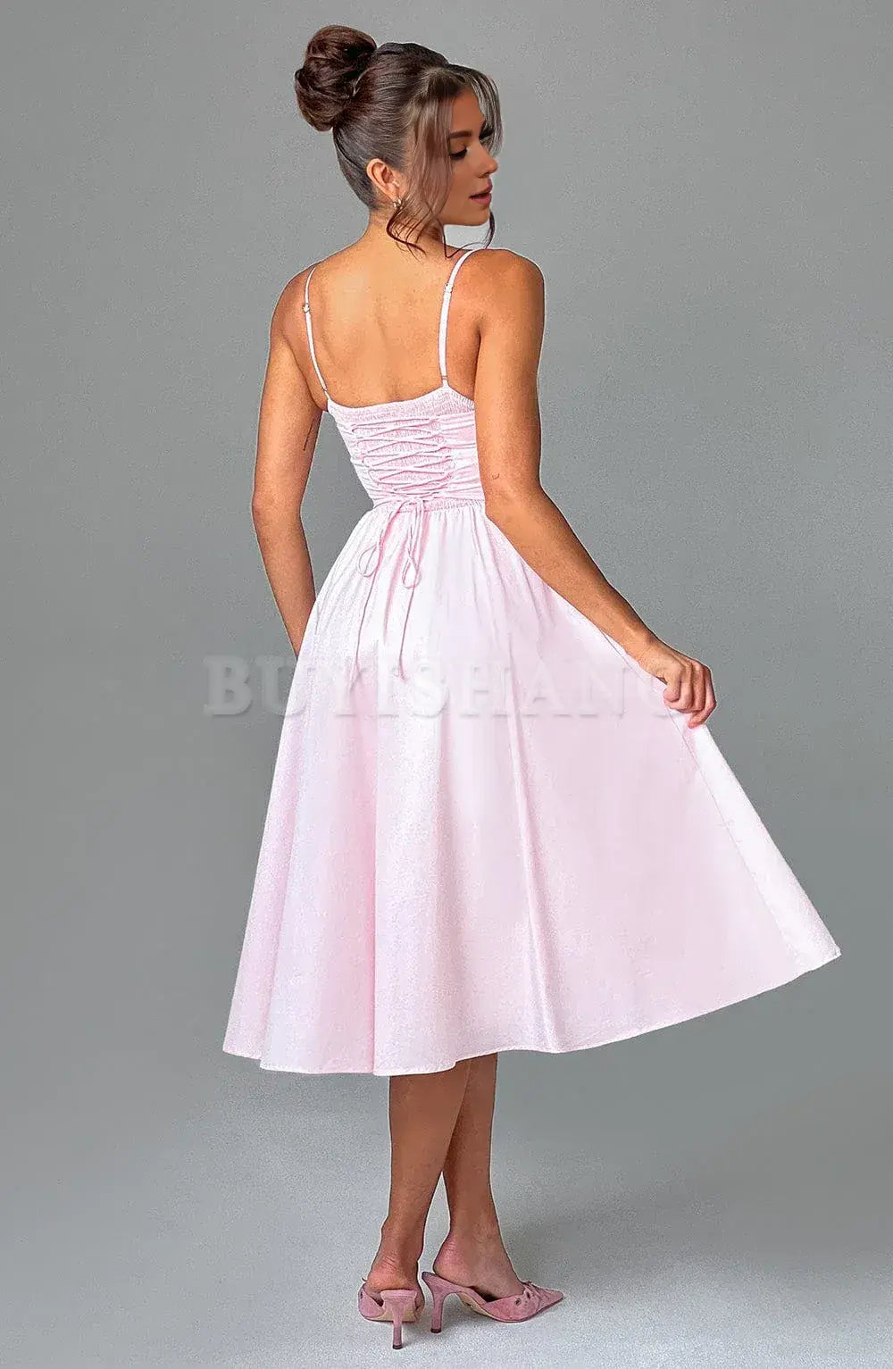 Buyishang Simple off shoulder ball dress Non stretch cotton blend fabric formal back to school dress evening dress