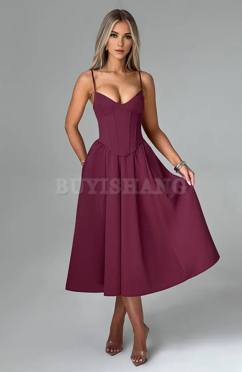 Buyishang Simple off shoulder ball dress Non stretch cotton blend fabric formal back to school dress evening dress