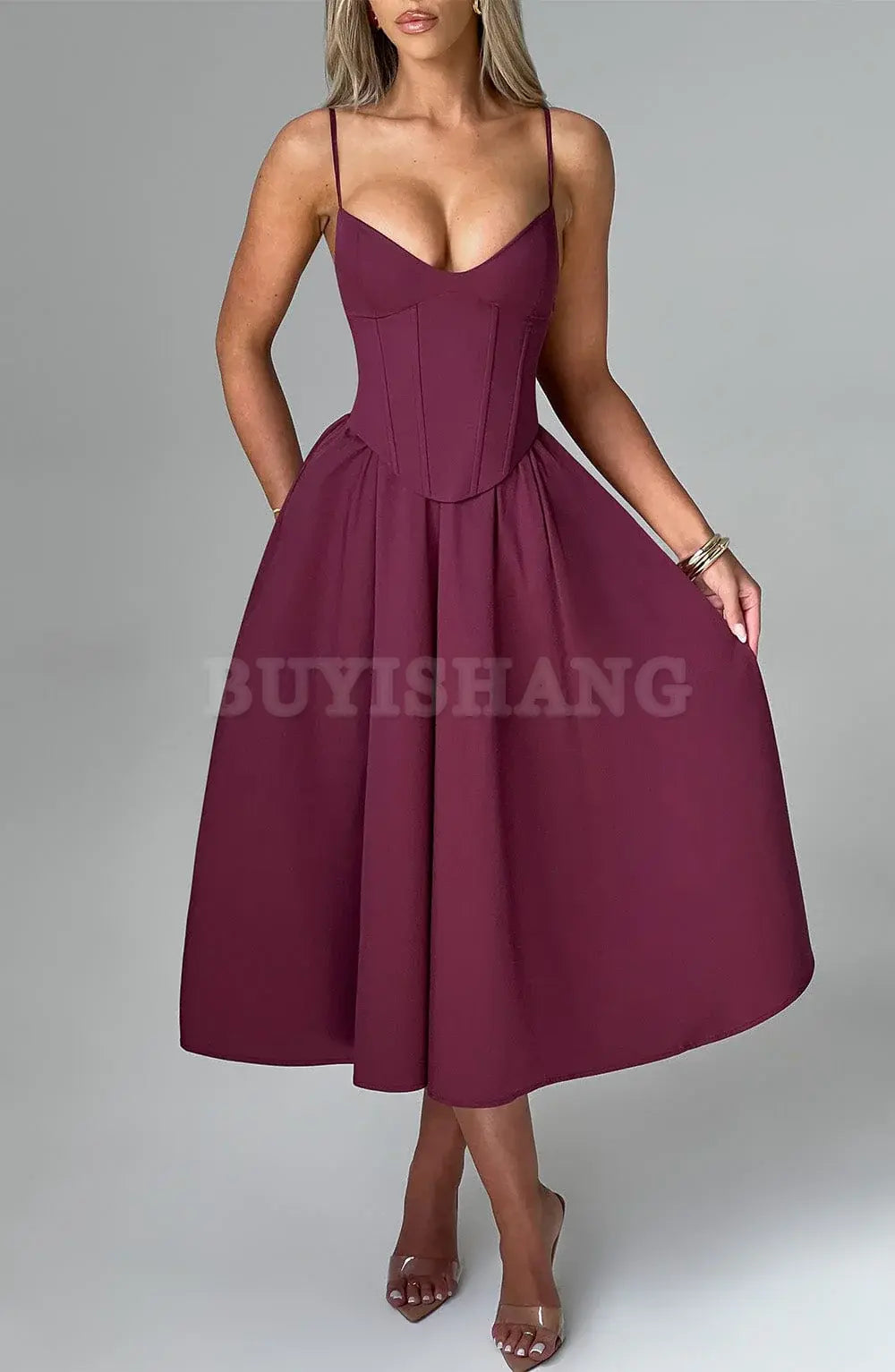 Buyishang Simple off shoulder ball dress Non stretch cotton blend fabric formal back to school dress evening dress