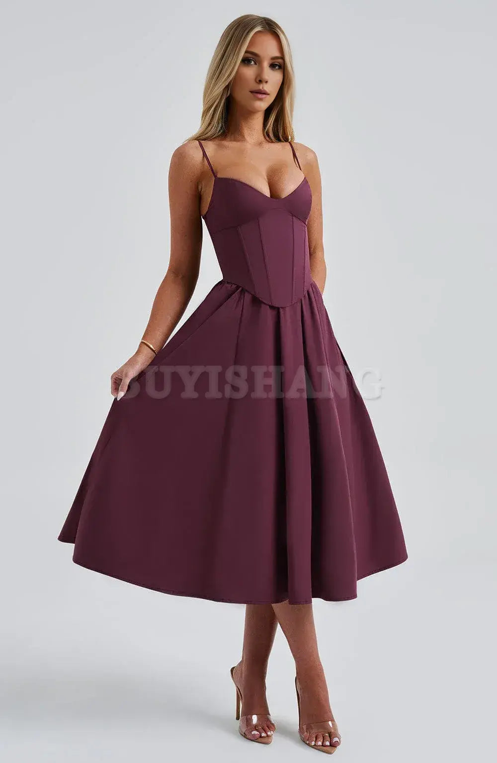Buyishang Simple off shoulder ball dress Non stretch cotton blend fabric formal back to school dress evening dress