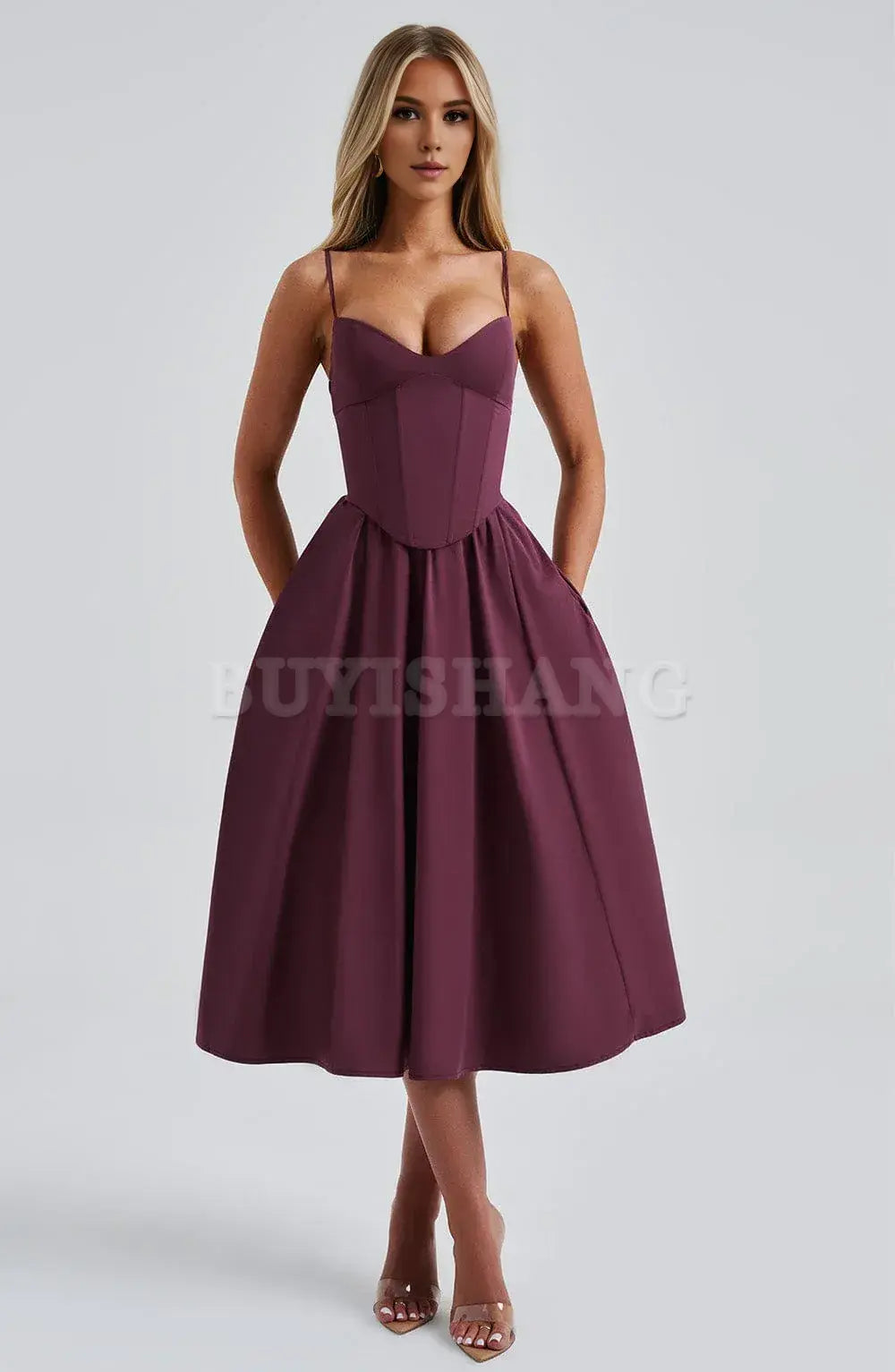 Buyishang Simple off shoulder ball dress Non stretch cotton blend fabric formal back to school dress evening dress