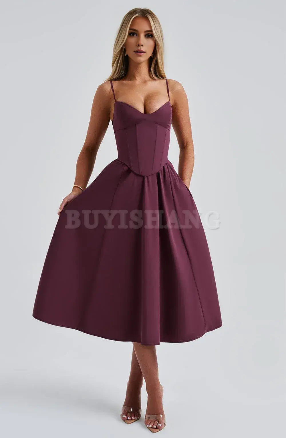 Buyishang Simple off shoulder ball dress Non stretch cotton blend fabric formal back to school dress evening dress