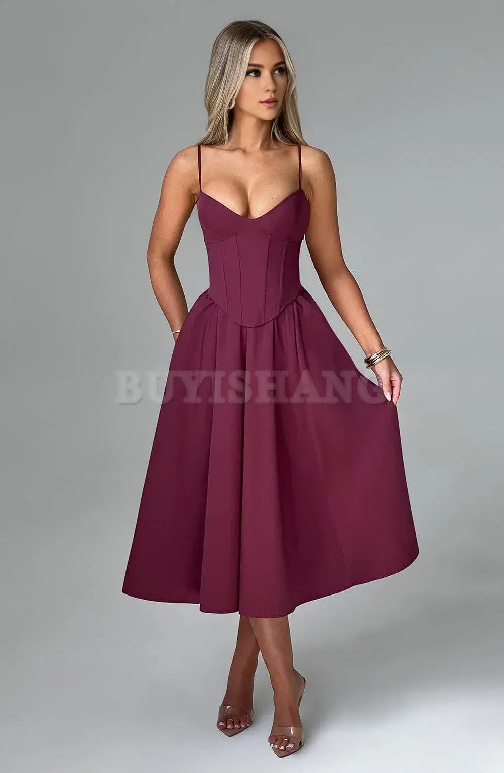Buyishang Simple off shoulder ball dress Non stretch cotton blend fabric formal back to school dress evening dress