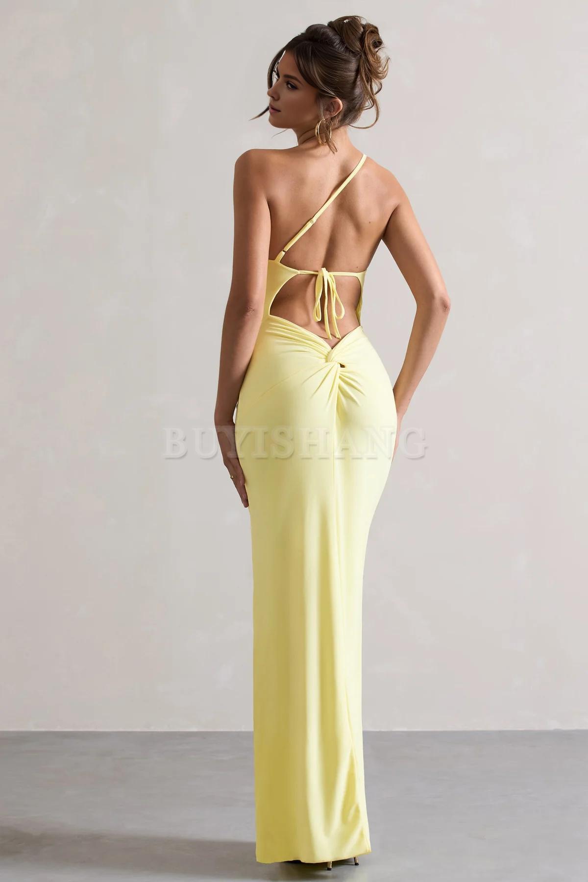 Buyishang Simple one shoulder backless high slit long skirt with asymmetrical neckline waist cinching and backless details
